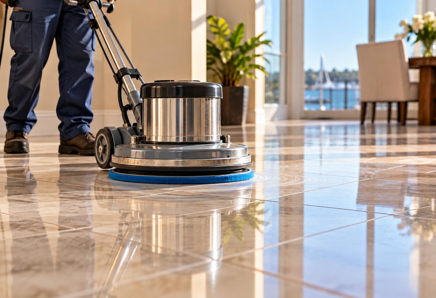 Professional floor cleaning technician using a commercial tile buffing machine to restore shine to dull tile floors in a South Amboy, NJ, property.